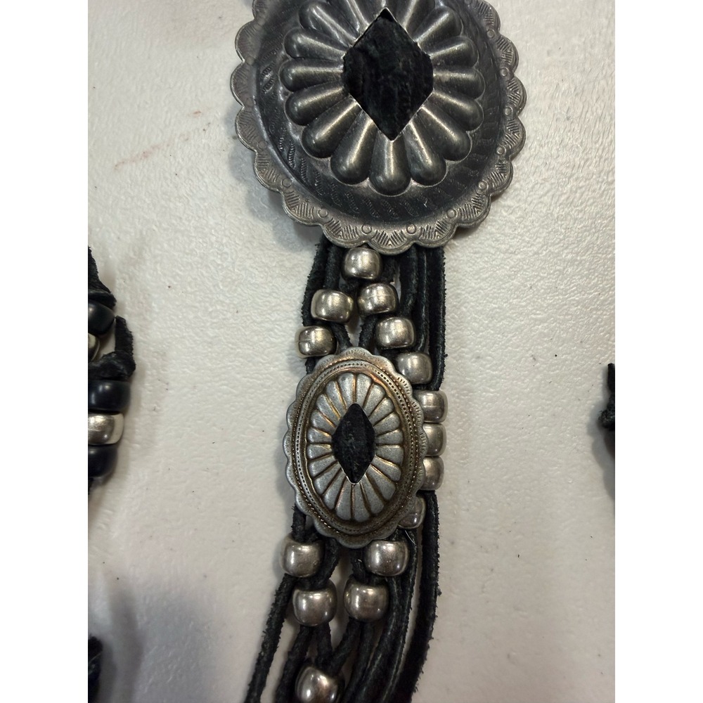 Vintage Southwestern Silver Concho Black Leather Multi Strand Tie Belt Western - Picture 4 of 5